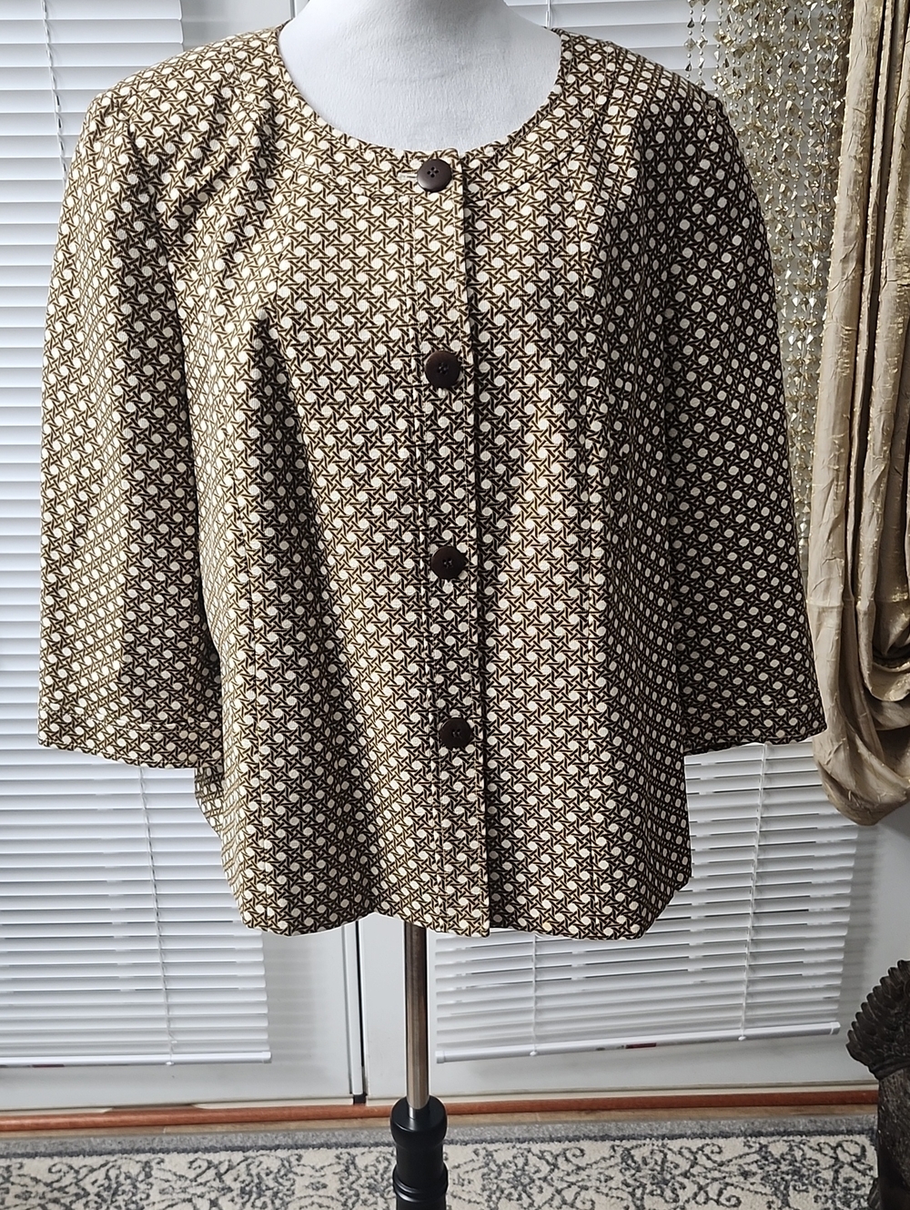 Talbots Cream and Dark Brown Geometric Button Jacket